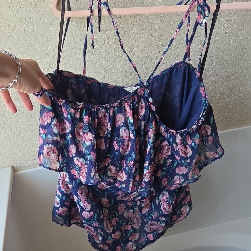 Silk Rebecca Taylor Pink and Blue Top with Floral Design